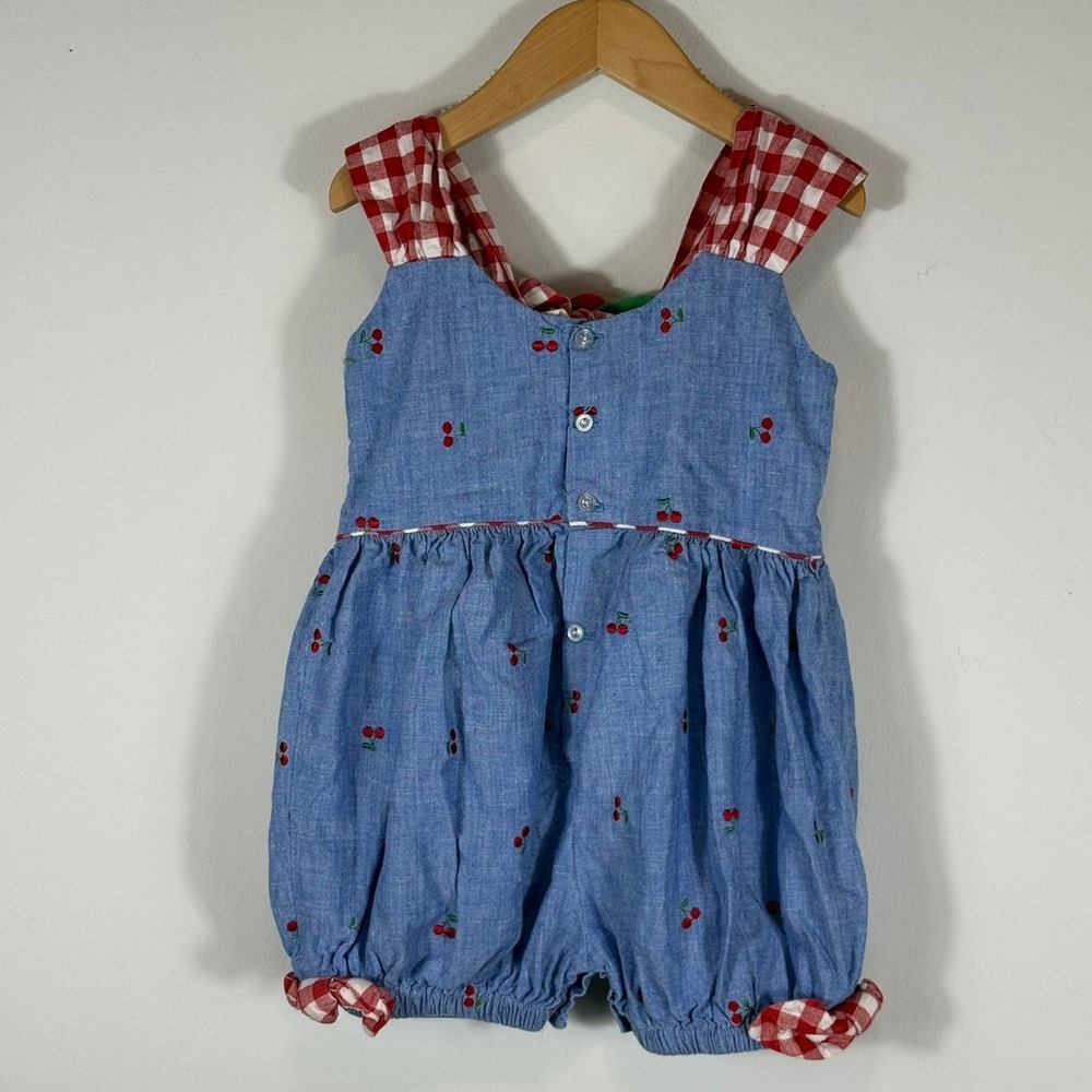 Vintage Cherry Embroidered Chambray Bubble Romper Gingham Bow Toddler 3 832529 - Picture 7 of 12